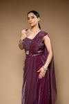Garnet Bead, Cutdana & Sequence Shimmer Pre-Draped Designer Saree With Readymade Blouse
