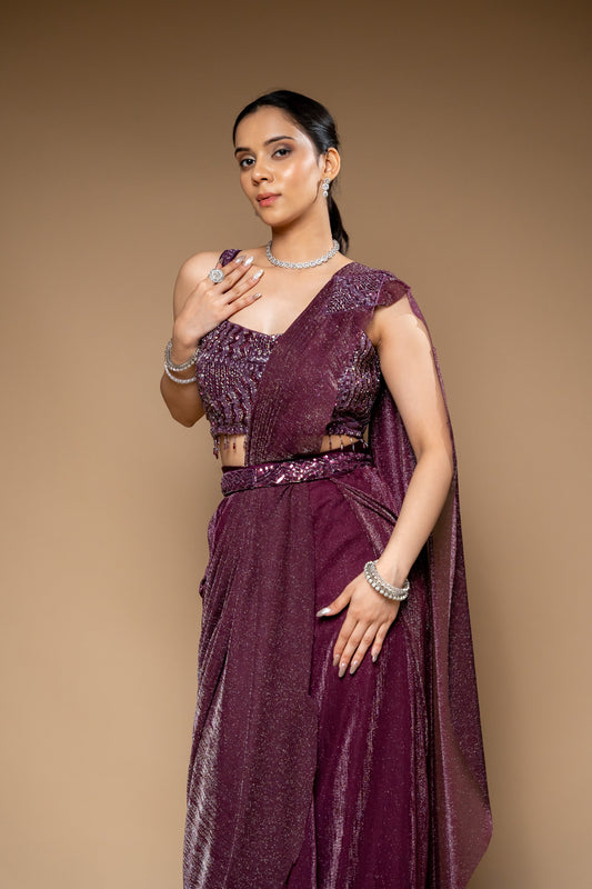 Garnet Bead, Cutdana & Sequence Shimmer Pre-Draped Designer Saree With Readymade Blouse