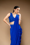 Royal Blue Cutdana, Bead & Sequence Lycra Pre-Draped Designer Saree With Readymade Blouse