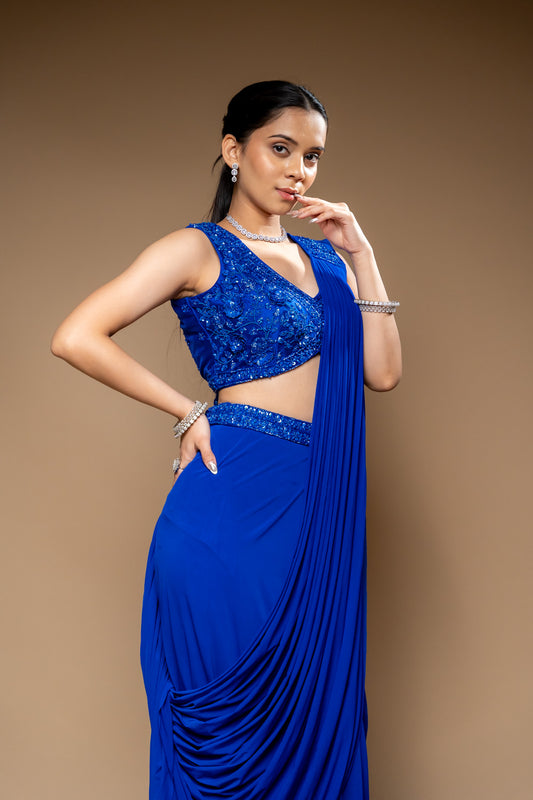 Royal Blue Cutdana, Bead & Sequence Lycra Pre-Draped Designer Saree With Readymade Blouse