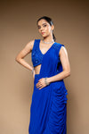 Royal Blue Cutdana, Bead & Sequence Lycra Pre-Draped Designer Saree With Readymade Blouse