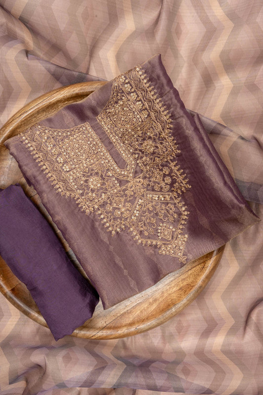 Mauve Sequence & Zari Threadwork Cotton Unstitched Salwar Suit With Cotton Dupatta