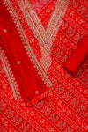 Red Bandhini Print, Digital Print, Sequence & Zari Threadwork Cotton Unstitched Salwar Suit With Cotton Dupatta