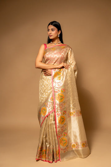 Tussar Banarasi Woven Zari Cotton Saree With Unstitched Blouse