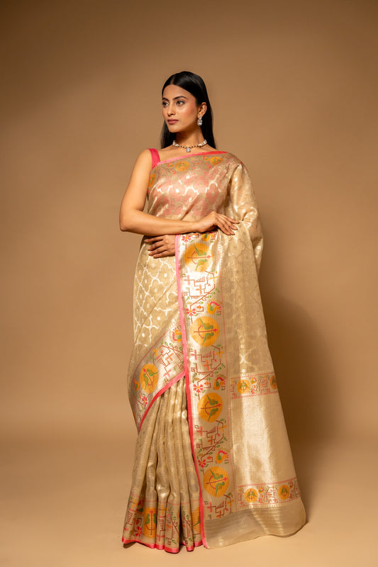 Tussar Banarasi Woven Zari Cotton Saree With Unstitched Blouse