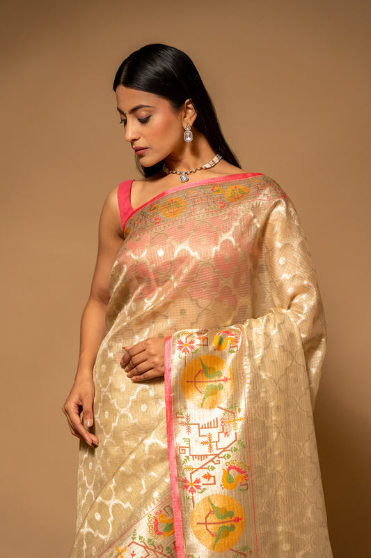 Tussar Banarasi Woven Zari Cotton Saree With Unstitched Blouse