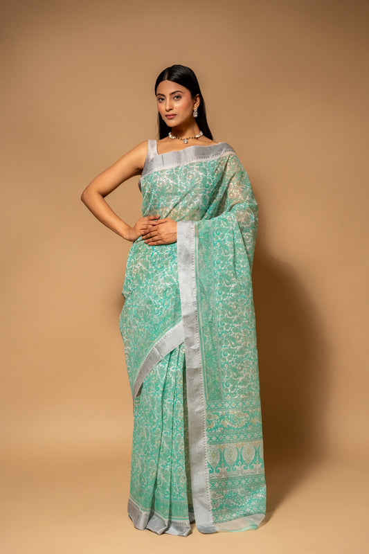 Off White Tea Green Cotton Floral Printed Saree With Unstitched Blouse