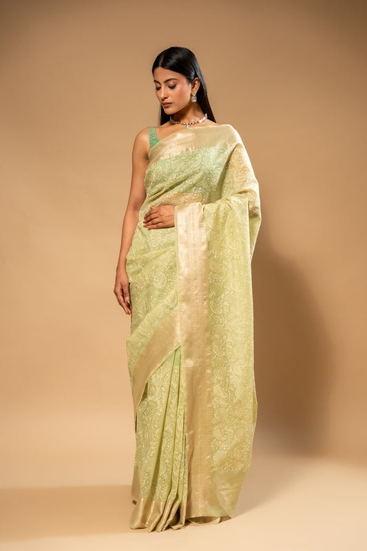 Pista Cotton Woven Zari & Threadwork Saree With Unstitched Blouse