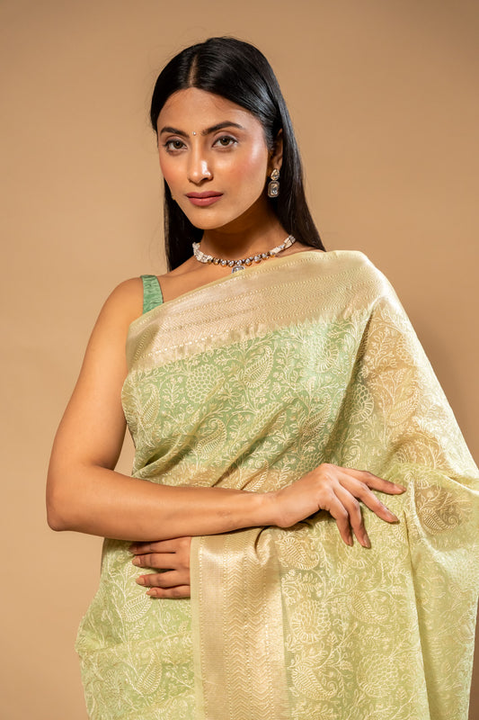 Pista Cotton Woven Zari & Threadwork Saree With Unstitched Blouse