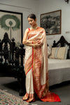 Off White Red Banarasi Silk Woven Zari Patola Print Saree With Unstitched Blouse