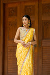 Gold Banarasi Woven, Cutdana, Mirror, Sequence, Swarovski & Zari Threadwork Organza Saree With Unstitched Blouse