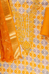 Mustard Sequence, Threadwork & Floral Printed Cotton Unstitched Salwar Suit With Cotton Dupatta