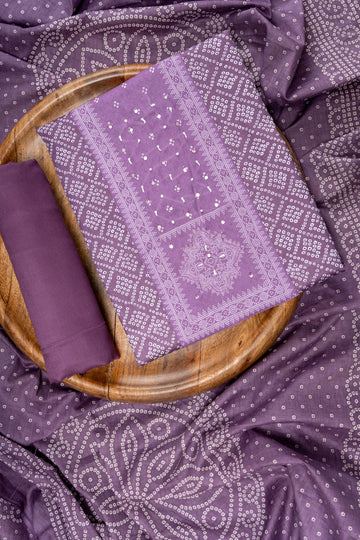 Mauve Bead, Mirror Sheet, Threadwork & Bandhini Printed Cotton Unstitched Salwar Suit With Cotton Dupatta