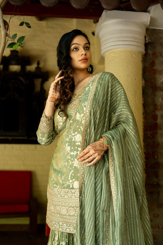 Dusty Green Dolna Readymade Sharara Set With Organza Dupatta