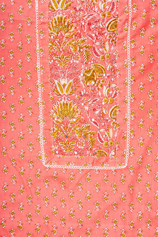 Peach Mirror Sheet, Threadwork & Floral Printed Cotton Unstitched Salwar Suit With Cotton Dupatta