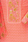 Peach Mirror Sheet, Threadwork & Floral Printed Cotton Unstitched Salwar Suit With Cotton Dupatta