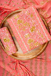 Peach Mirror Sheet, Threadwork & Floral Printed Cotton Unstitched Salwar Suit With Cotton Dupatta