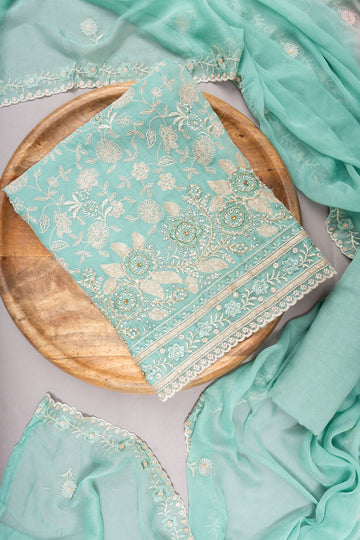 Mint Green Georgette Unstitched Suit With Chiffon Dupatta