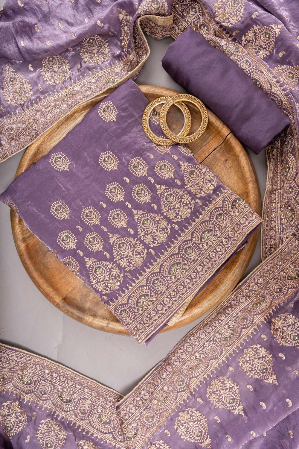 Mauve Chinon Unstitched Suit With Organza Dupatta