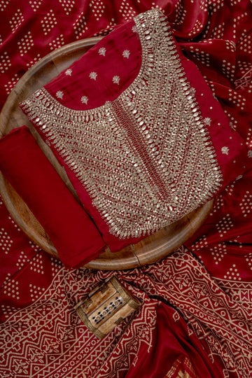 Maroon Crepe Unstitched Salawar Suit With Crepe Silk Dupatta