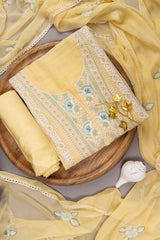 Lemon Gold Organza Unstitched Suit With Chiffon Dupatta