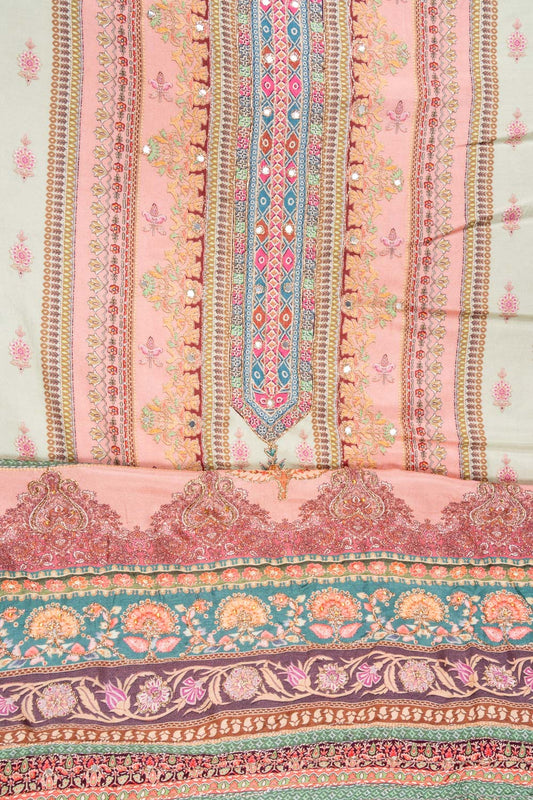 Peach Crepe Unstitched Suit With Chiffon Dupatta