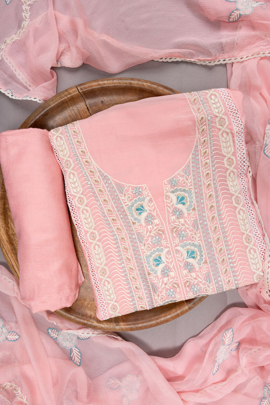 Pink Organza Unstitched Suit With Chiffon Dupatta