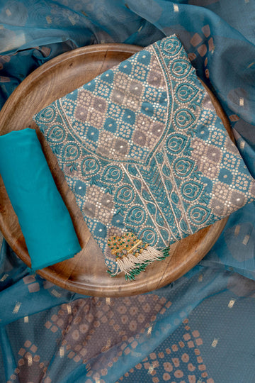 Sky Blue Sequence, Threadwork & Floral Printed Cotton Unstitched Salwar Suit With Cotton Dupatta