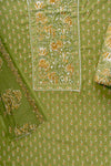 Pista Mirror Sheet, Threadwork & Floral Printed Cotton Unstitched Salwar Suit With Cotton Dupatta