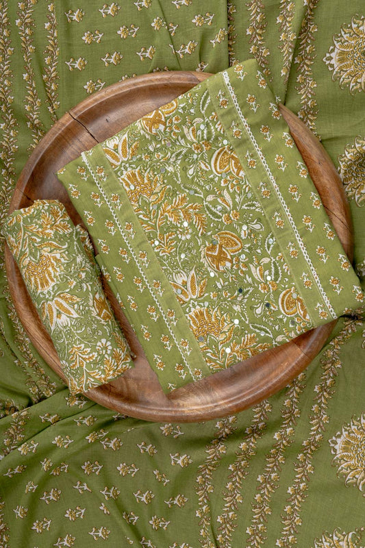 Pista Mirror Sheet, Threadwork & Floral Printed Cotton Unstitched Salwar Suit With Cotton Dupatta