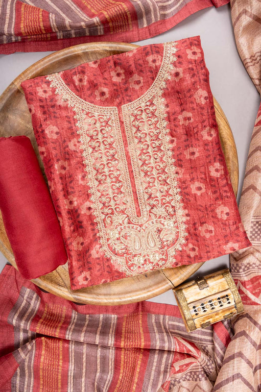 Red Cotton Unstitched Suit With Cotton Dupatta