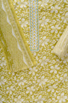 Pista Sequence, Threadwork & Floral Printed Cotton Unstitched Salwar Suit With Cotton Dupatta