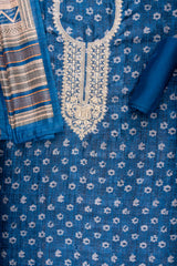 Blue Cotton Unstitched Suit With Cotton Dupatta