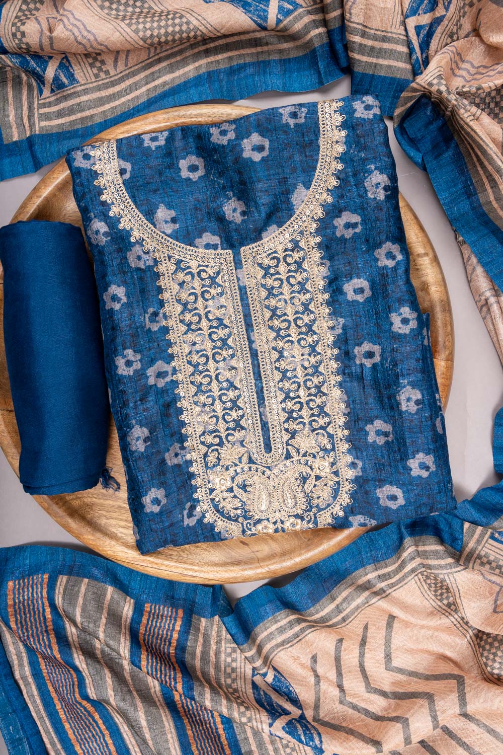 Blue Cotton Unstitched Suit With Cotton Dupatta