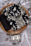 Black Sequence, Threadwork & Floral Printed Cotton Unstitched Salwar Suit With Cotton Dupatta