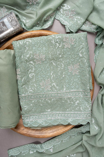 Mint Green Georgette Unstitched Suit With Chiffon Dupatta