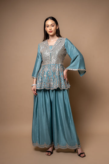 Mint Green Sequence & Zari Threadwork Crepe Readymade Suit With Palazzo