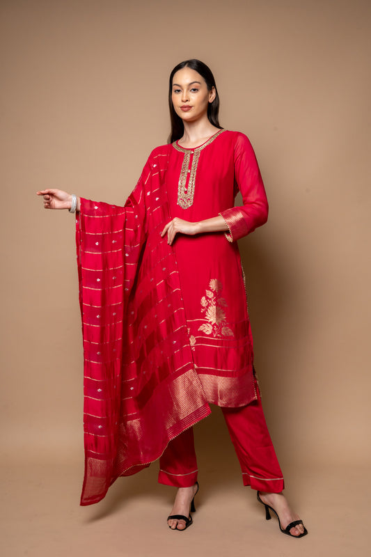 Rani Georgette Readymade Suit And Pant With Tissue Dupatta