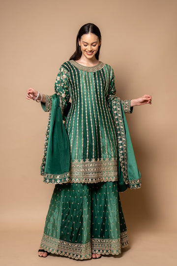 Mint Green Crepe Readymade Suit And Palazzo With Chinon Dupatta