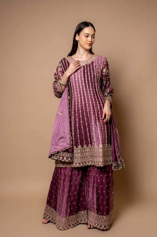 Onion Crepe Readymade Suit And Palazzo With Chinon Dupatta