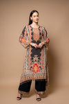 Black Crepe Readymade Suit And Pant With Chiffon Dupatta