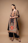 Black Crepe Readymade Suit And Pant With Chiffon Dupatta