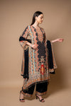 Black Crepe Readymade Suit And Pant With Chiffon Dupatta