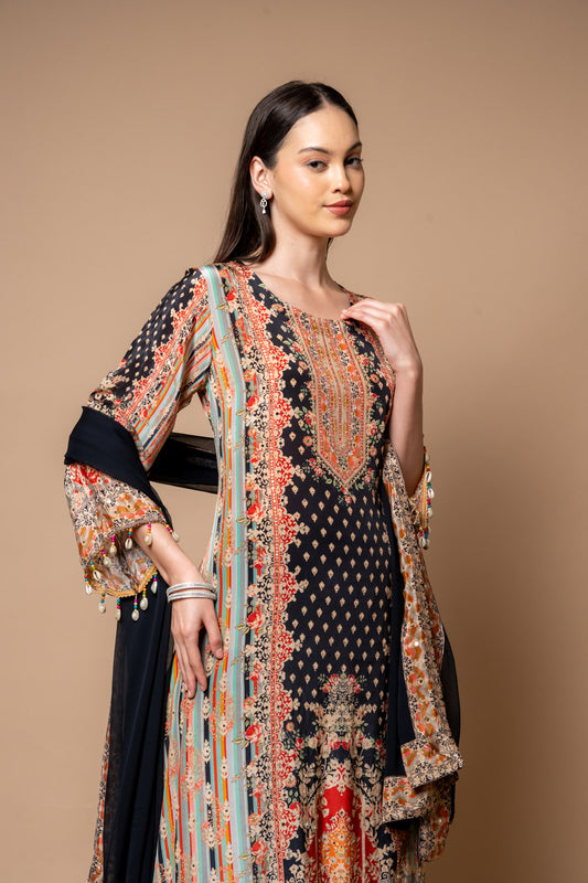 Black Crepe Readymade Suit And Pant With Chiffon Dupatta