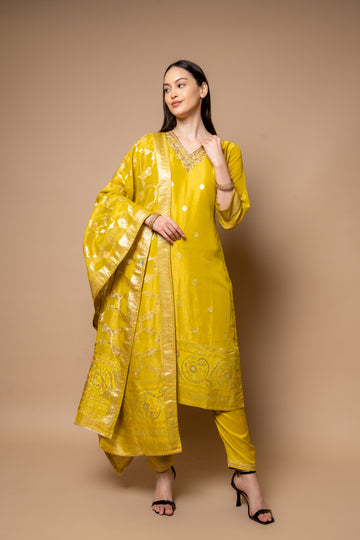 Parrot Shimmer Readymade Suit And Pant With Tissue Dupatta