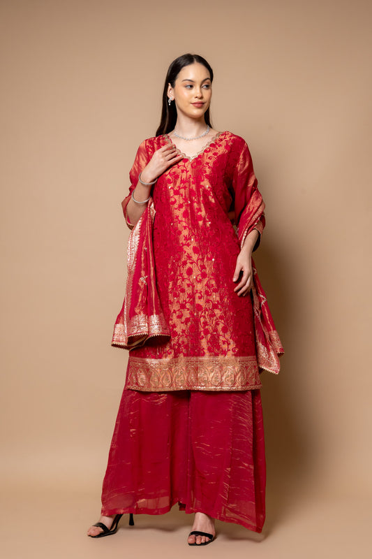 Rani Tissue Readymade Suit And Palazzo With Tissue Dupatta