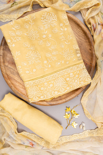 Mango Gold Chiffon Embroidered Unstitched Suit With Dupatta