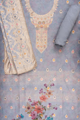 Grey Cotton Unstitched Suit With Organza Dupatta