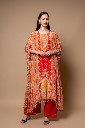 Red Gotta Patti, Mirror, Sequence & Digital Printed Crepe Readymade Suit With Pant