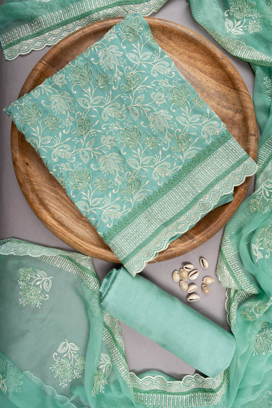 Mint Green Georgette Unstitched Suit With Chiffon Dupatta